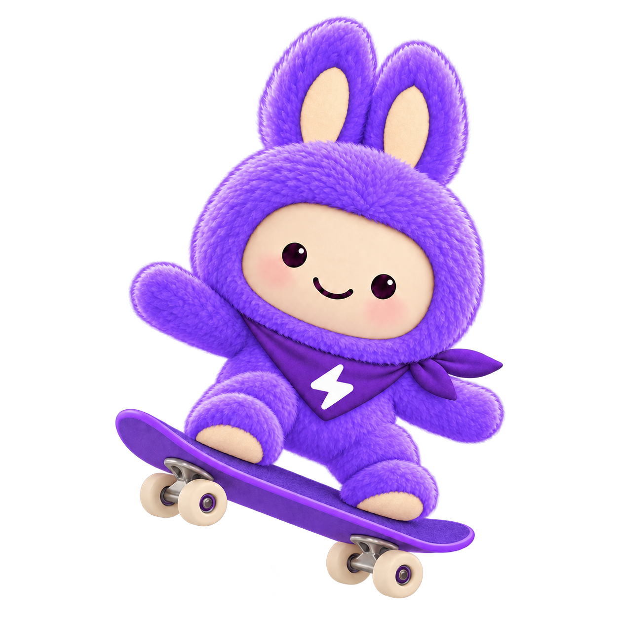 boostNOW’s purple bunny riding a skateboard